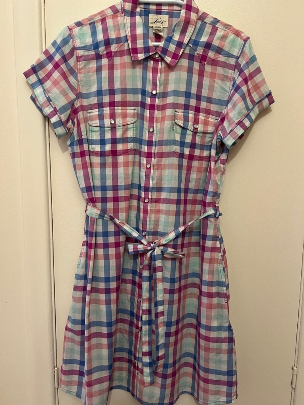 Levi’s 100% Cotton Lightweight Plaid Shirt Dress in Pink, Blue & Mint